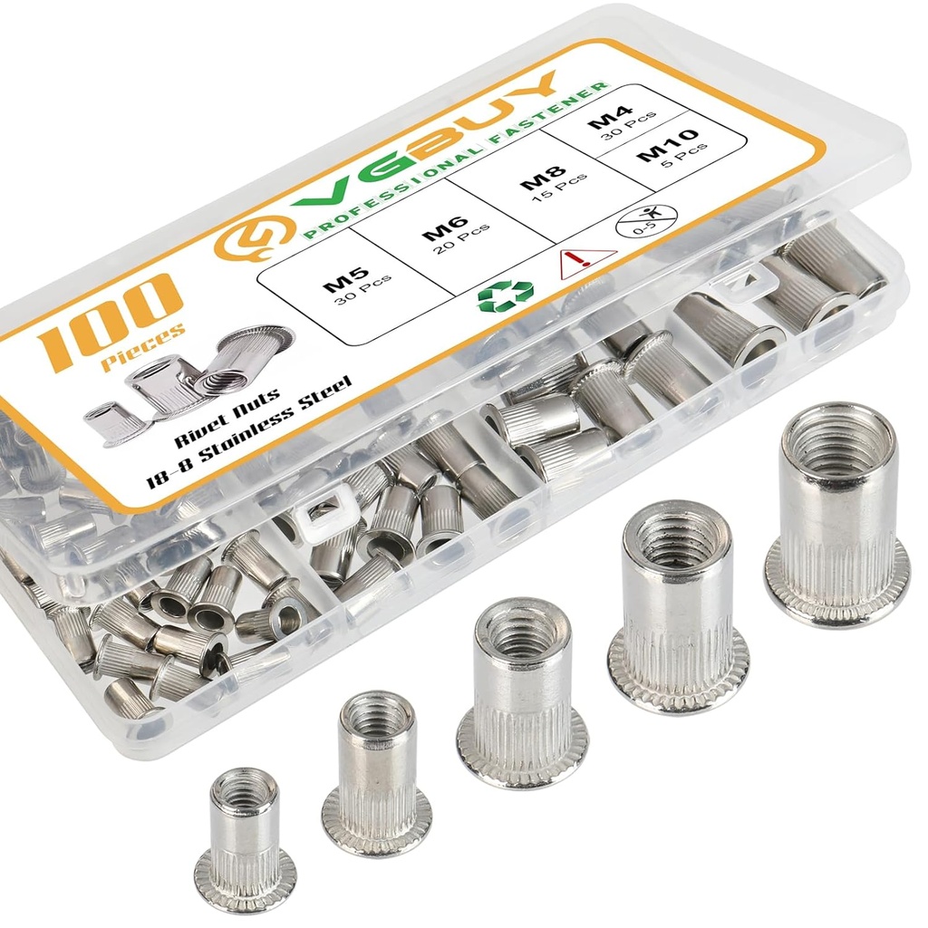 100Pcs Metric Rivet Nut Kit, Rivet Nuts Assortment M4 M5 M6 M8 M10, 304 Stainless Steel Rivnut, Flat Head Threaded Insert Nut, Knurled Body (VG30529)