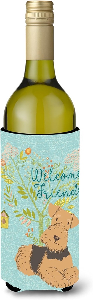 Caroline's Treasures BB7625LITERK Welcome Friends Airedale Terrier Wine Bottle Hugger Bottle Cooler Sleeve Hugger Machine Washable Collapsible Insulator Beverage Insulated Holder