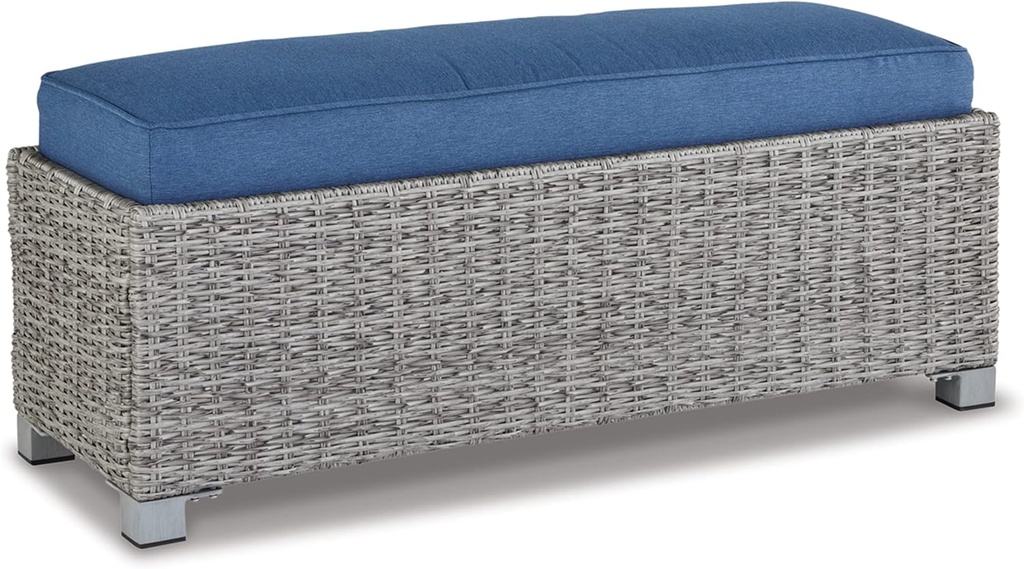 Signature Design by Ashley Naples Beach Casual Outdoor Bench with Cushion, Light Gray & Blue