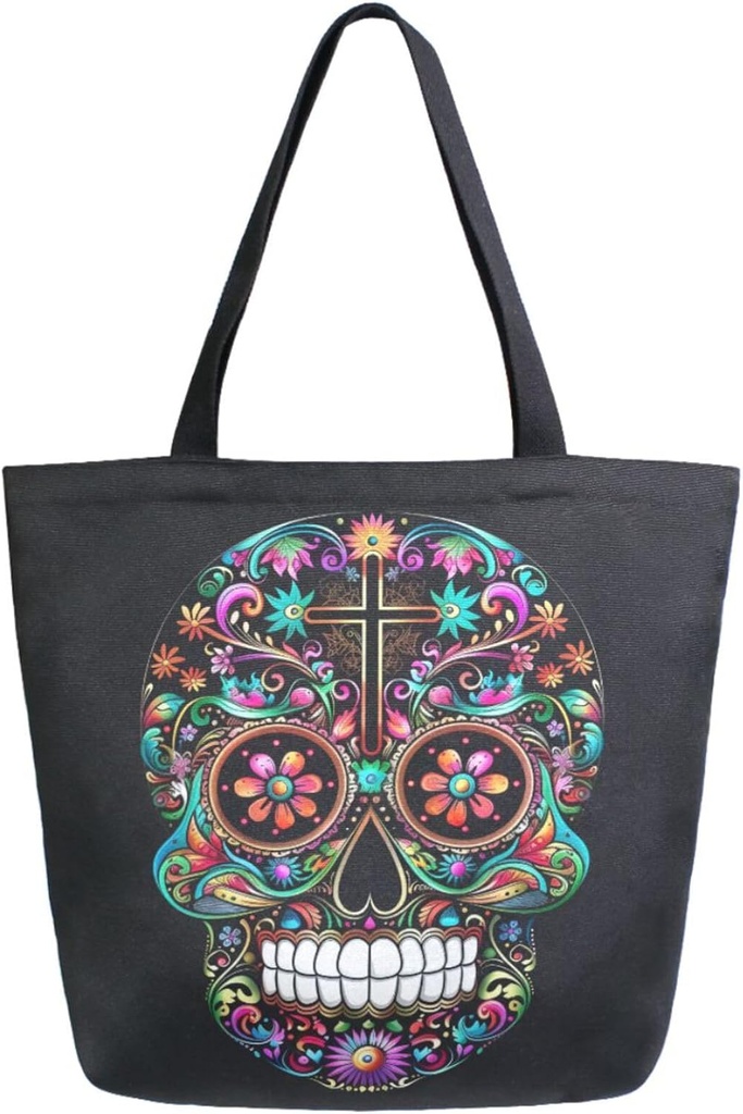 Chic Extra Large Shoulder Grocery Tote Bag, Colors Sugar Skull Day of Dead Black Canvas Daily Handle Bag for Gym Yoga Weekender Beach Travel Picnic Kitchen Reusable Market Shopping