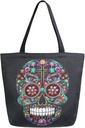 Chic Extra Large Shoulder Grocery Tote Bag, Colors Sugar Skull Day of Dead Black Canvas Daily Handle Bag for Gym Yoga Weekender Beach Travel Picnic Kitchen Reusable Market Shopping