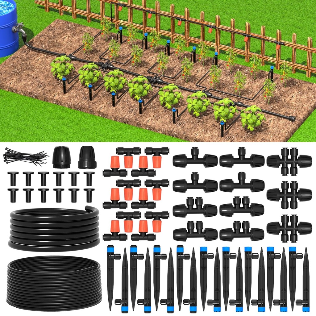 MIXC Greenhouse Micro Drip Irrigation Kit Automatic Irrigation System Patio Misting Plant Watering System with 1/4 inch 1/2 inch Irrigation Tubing Hose Adjustable Nozzle Emitters Barbed Fittings