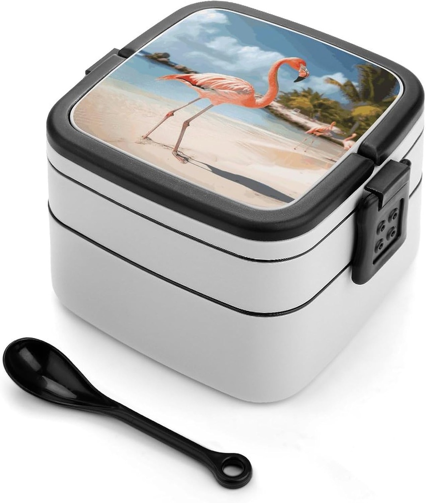 Bento Box Stackable Lunch Box with 2 Compartments Leak-Proof Food Storage Containers Beach Flamingo Bento Lunch Box for Adults Lunch Containers with Utensil Set