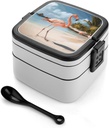 Bento Box Stackable Lunch Box with 2 Compartments Leak-Proof Food Storage Containers Beach Flamingo Bento Lunch Box for Adults Lunch Containers with Utensil Set