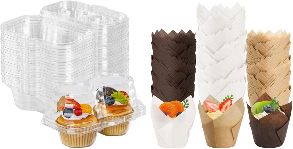 Bundle of 2 Count Cupcake Containers 50 Pack and 200PCS Tulip Cupcake Liners