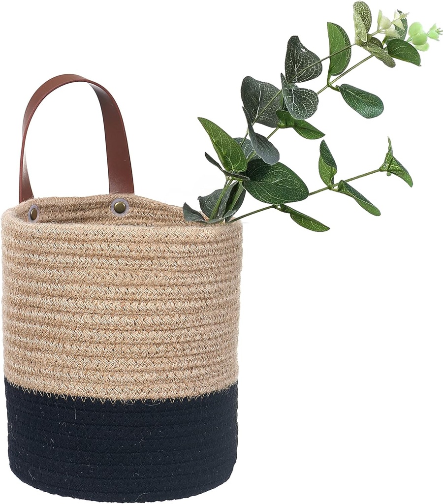 Wall Hanging Storage Baskets - Small Cotton Rope Woven Closet Storage Bins-Shelf Basket Organizer for Plants, Towels,Toys - 6.3" x 7" (Jute & Black)