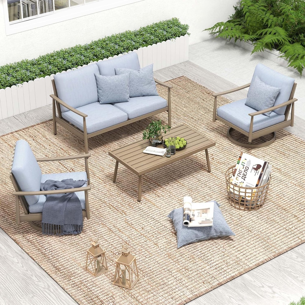 HAPPATIO Patio Outdoor Furniture Set - 4 Piece Aluminum Patio Conversation Set with 1 Coffee Table, 2 Swivel Chairs and 1 Loveseat, Aluminum Outdoor Furniture Set for Backyard Deck Poolside (Brown)