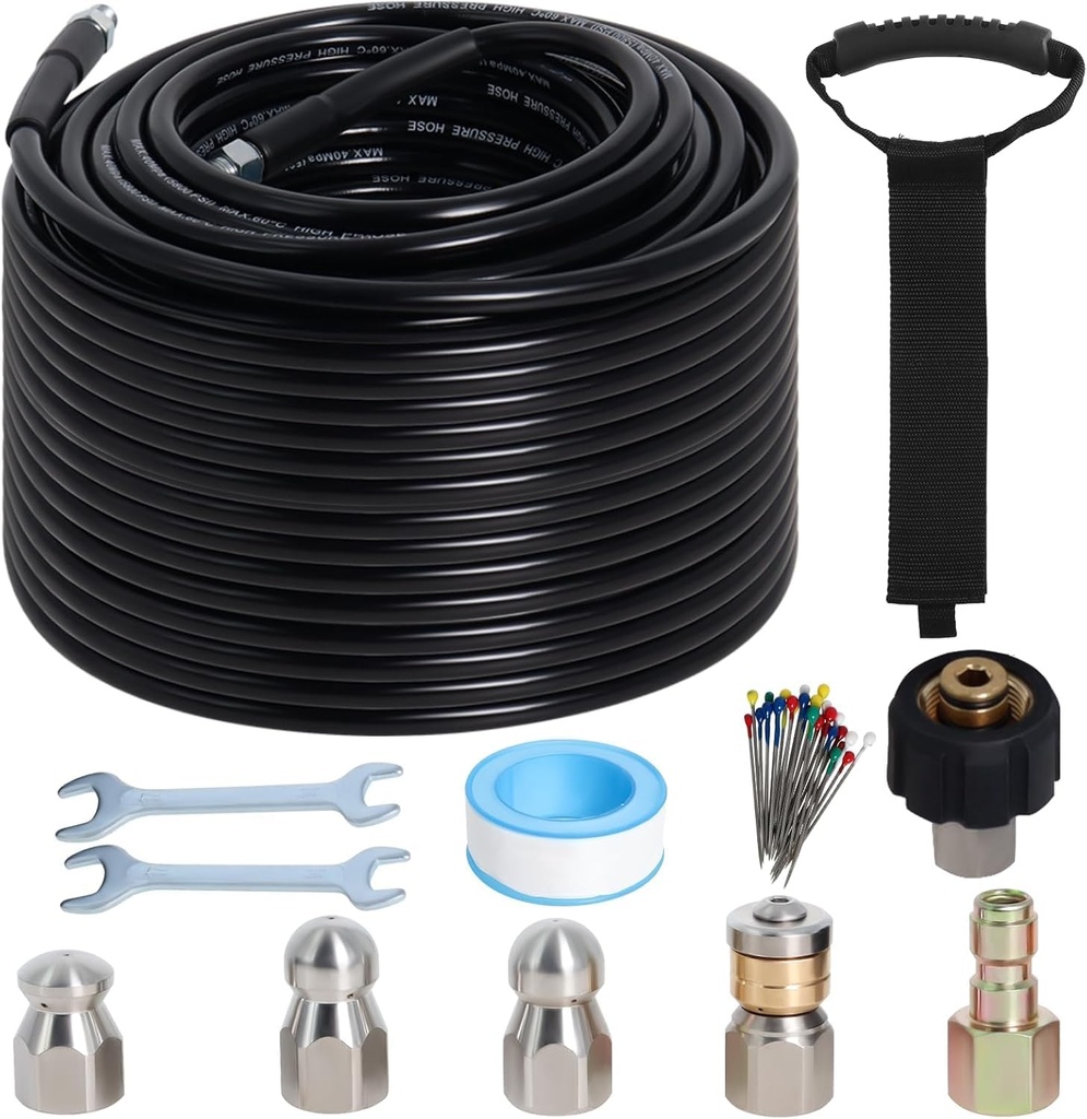 150FT Sewer Jetter Kit for Pressure Washer, 5800PSI Water Jet Durable Drain Cleaner Hose 1/4 Inch NPT Corner with 4 Specialized Nozzles，Waterproof Tape, Pearl Corsage Pin, Handle Strap & 2 Spanners