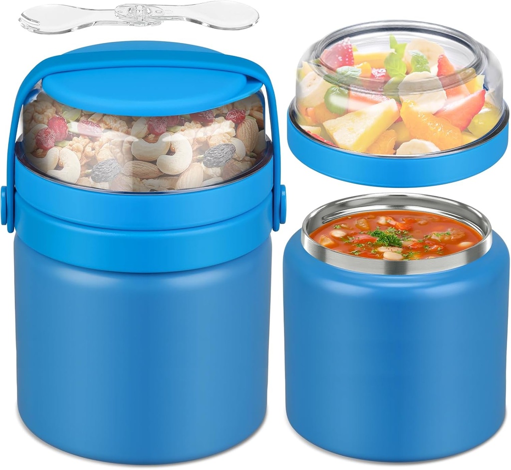 2 in 1 Double Insulated Food Jar 13.5oz Soup Thermo with Snack Container Kids Thermo for Hot Food Lunch Containers Wide Mouth Vacuum Stainless Steel Leak Proof for School Travel (Blue)