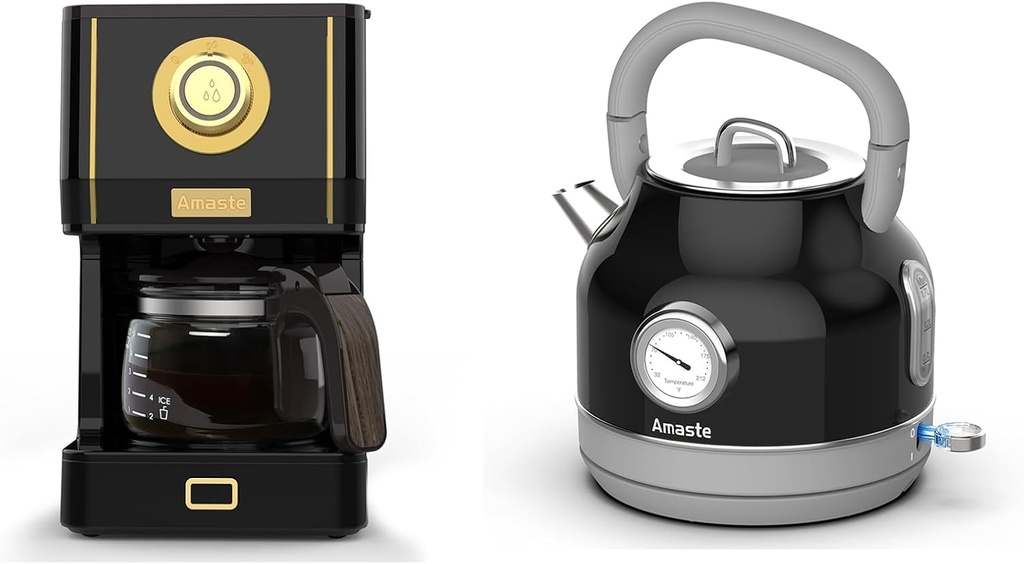 Amaste Black Coffee Maker & Black Retro Electric Kettle Set