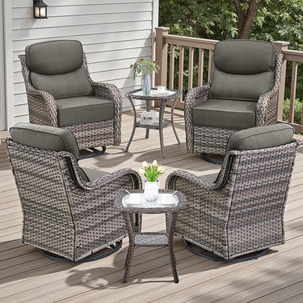 Rilyson 6 Piece Outdoor Patio Swivel Rocker Chairs, Waterproof Wicker, High Back, Deep Seating, Wide Armrest, Upgraded 6 inch Thick Cushions, Side Table, Ideal for Deck Porch Yard, Mixed Grey/Grey