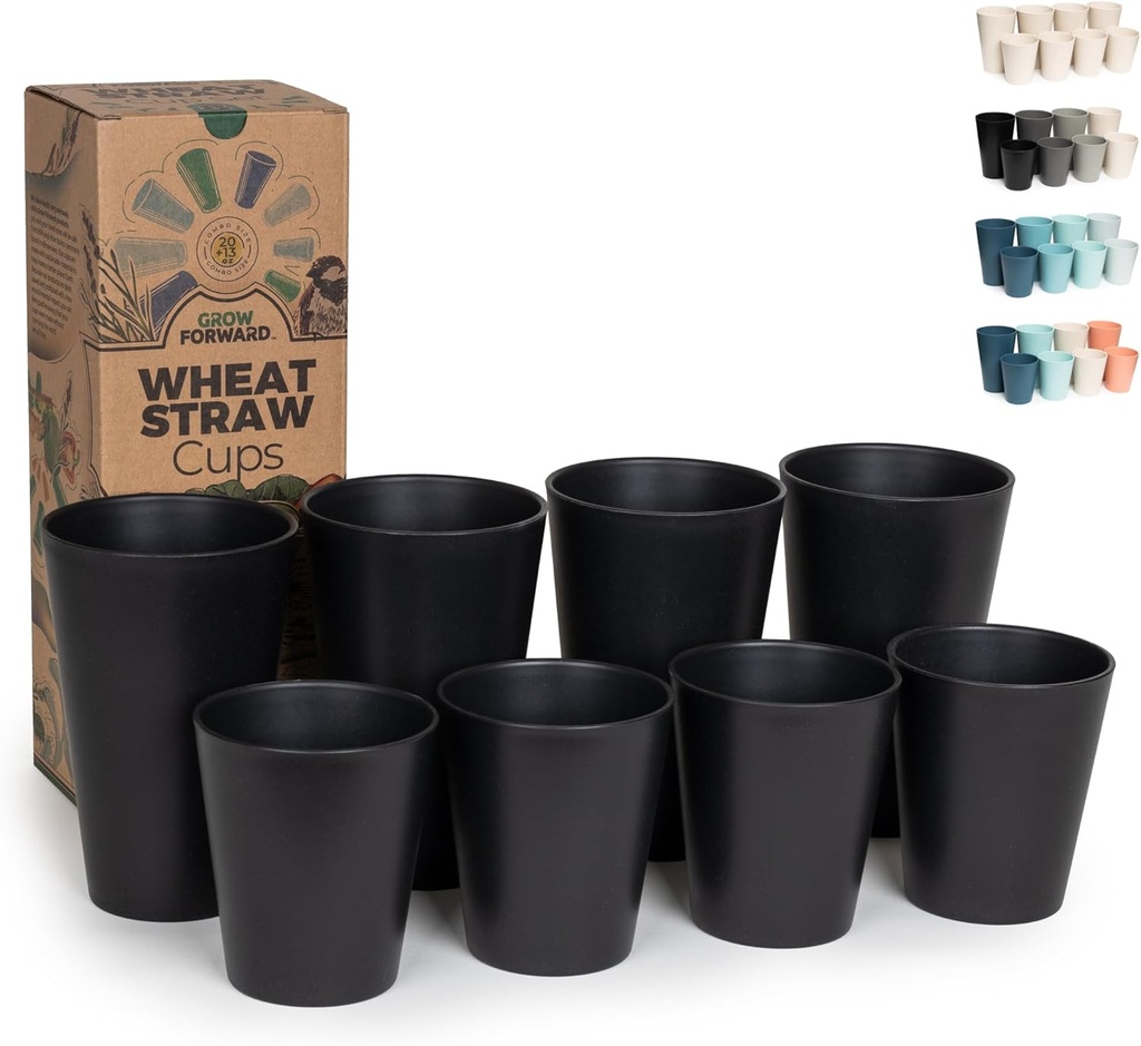 Grow Forward Premium Wheat Straw Cups - 13 & 20 oz Unbreakable BPA Free Hard Plastic Cups - Reusable Lightweight Plastic Drinking Glasses for Kitchen, Outdoor, Water, Camping, RV - Midnight