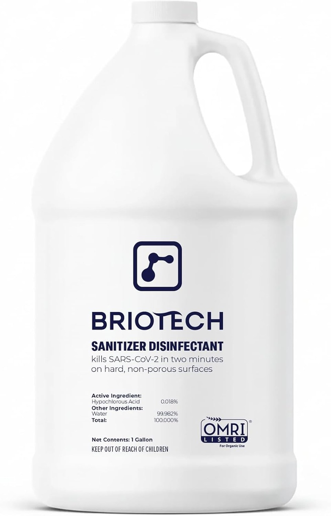 BRIOTECH Sanitizer Disinfectant Hypochlorous, Kill 99.99% of Viruses & Bacteria, Control Mold, Eliminate Odor, Gentle for Nursery & Play Rooms, Food Contact Surface Sanitizer, 1 Gallon Refill