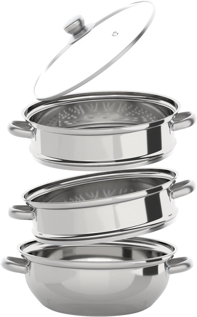 Steamer for Cooking 3-Tier Stainless Steel Food Steam Pots with Lid, Kitchen Hot Steamer Pot for Vegetable Dumpling Stock Sauce Food