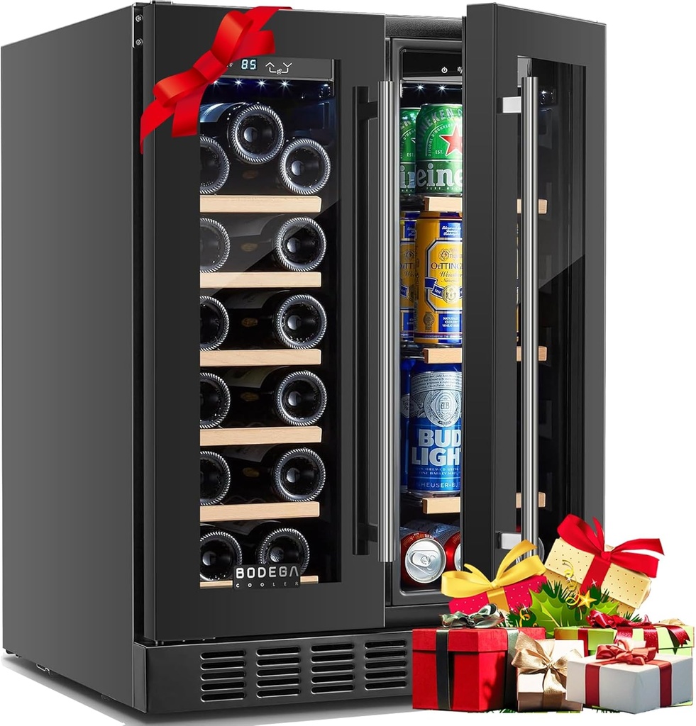 BODEGA Beverage Refrigerator Black, 24 Inch Dual Zone Wine and Beverage Cooler Under Counter, Drink Fridge for Beer, Soda, Wine, Champagne, Holds 41 Cans and 17 Bottles