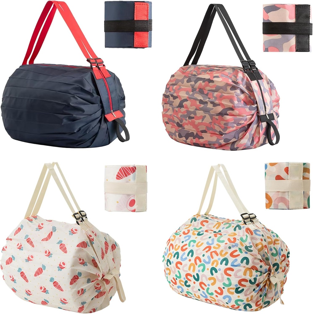 4PC Foldable Reusable Shopping Bags 210D Nylon Waterproof Grocery Tote Travel Duffel Bag with Zipper & Adjustable Strap