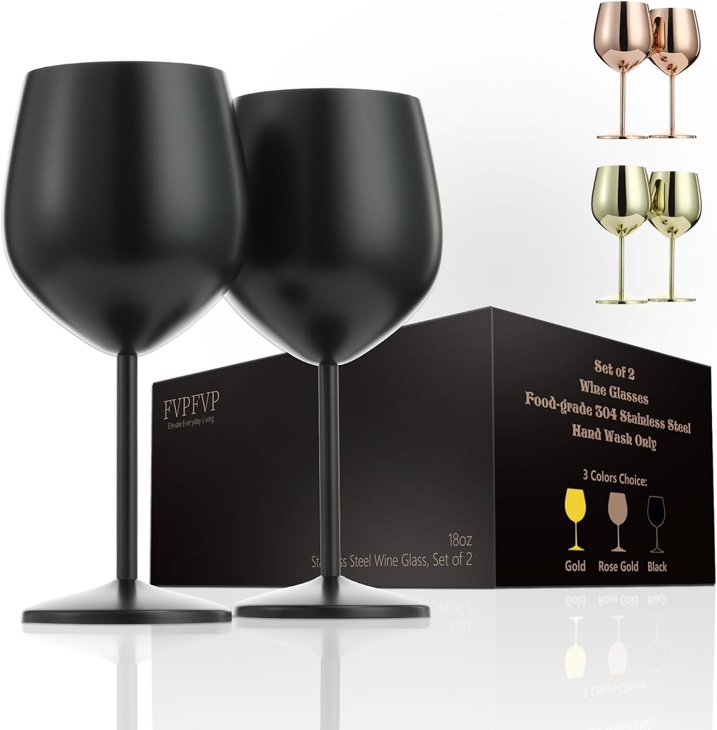 Stainless Steel Wine Glasses Set of 2 — Unbreakable, Stemmed Metal Wine Glass for Outdoor Events and Trips. Elegant and Fancy — Perfect for Christmas, Birthdays, and Anniversaries.(Black)