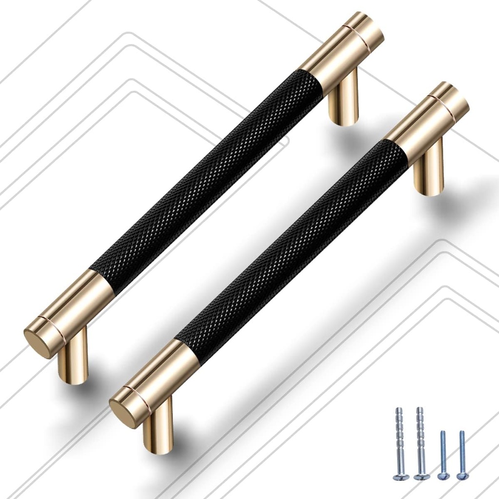 2 Pack 3 3/4 Inch 96 mm Knurled Cabinet Handles Cabinet Pulls Aluminum Handles Pulls Gold and Black Oxidation Finish with Diamond Pattern 5" Length ( 3.75" Hole Center)