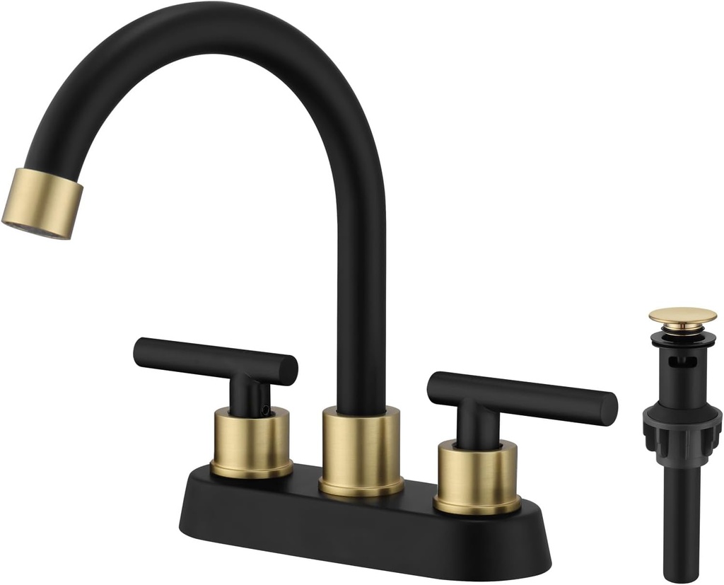 Bathroom Faucet Black and Gold, 2 Handle 4 Inch Centerset Bathroom Sink Faucet with Pop Up Drain, 2 or 3 Hole Mount Modern Commercial RV Vanity Sink