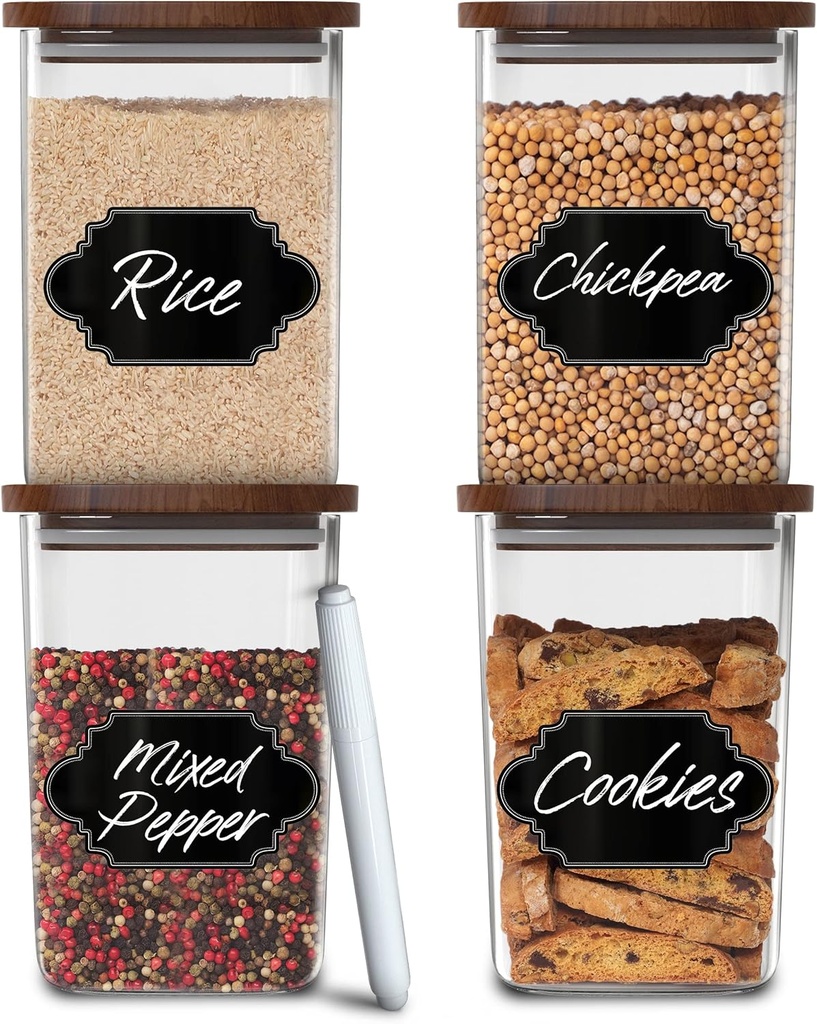 Square Glass Jars with Wood Lids Set of (4) 36 fl oz Airtight and Stackable Storage Containers for Kitchen Pantry or Bathroom BPA Free and Recyclable Canister for Food Cookies Coffee Pasta Sugar