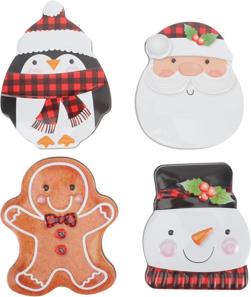4pcs Christmas Cookie Tins with Lids Candy Boxes Xmas Tin Containers Metal Christmas Tins Empty Christmas Cookie Jar for Present Giving Holiday Party Favors (Santa Snowman Penguin Gingerbread Man)