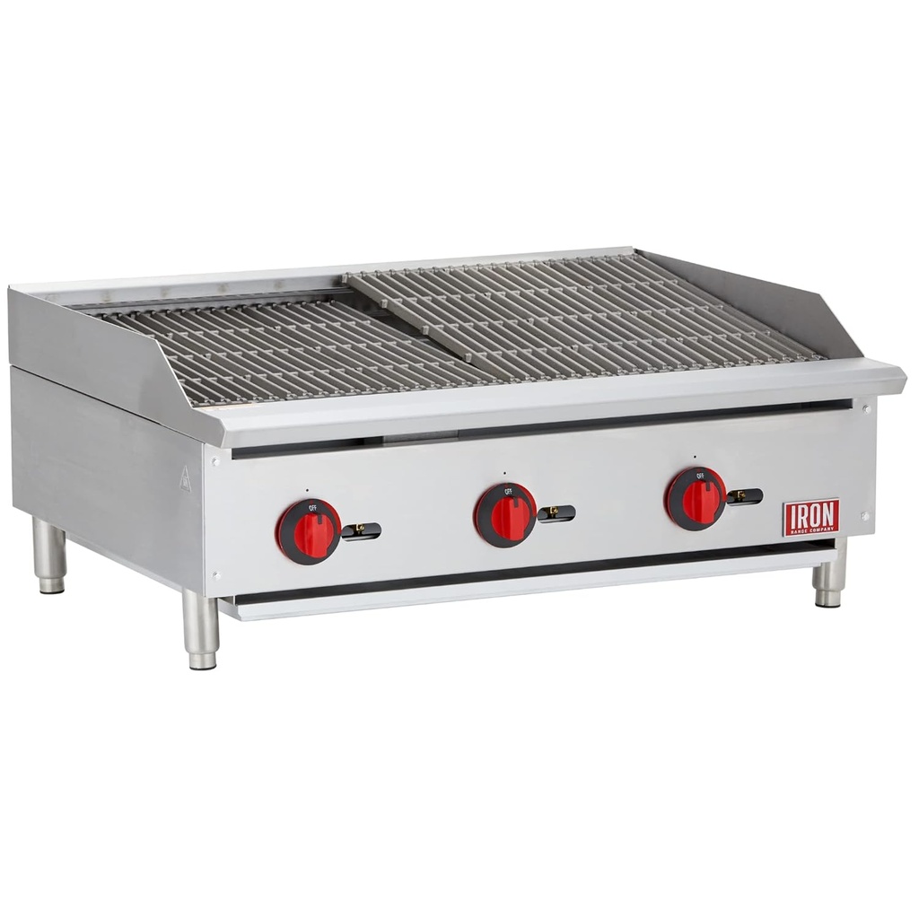 Iron Range IRRB-36 36" Countertop Commercial Gas Charbroiler, 3 Burners, 105,000 BTU, Stainless Steel, ETL Listed, LPG Conversion Kit Included, Adjustable Legs, Removable Grates & Grease Pan