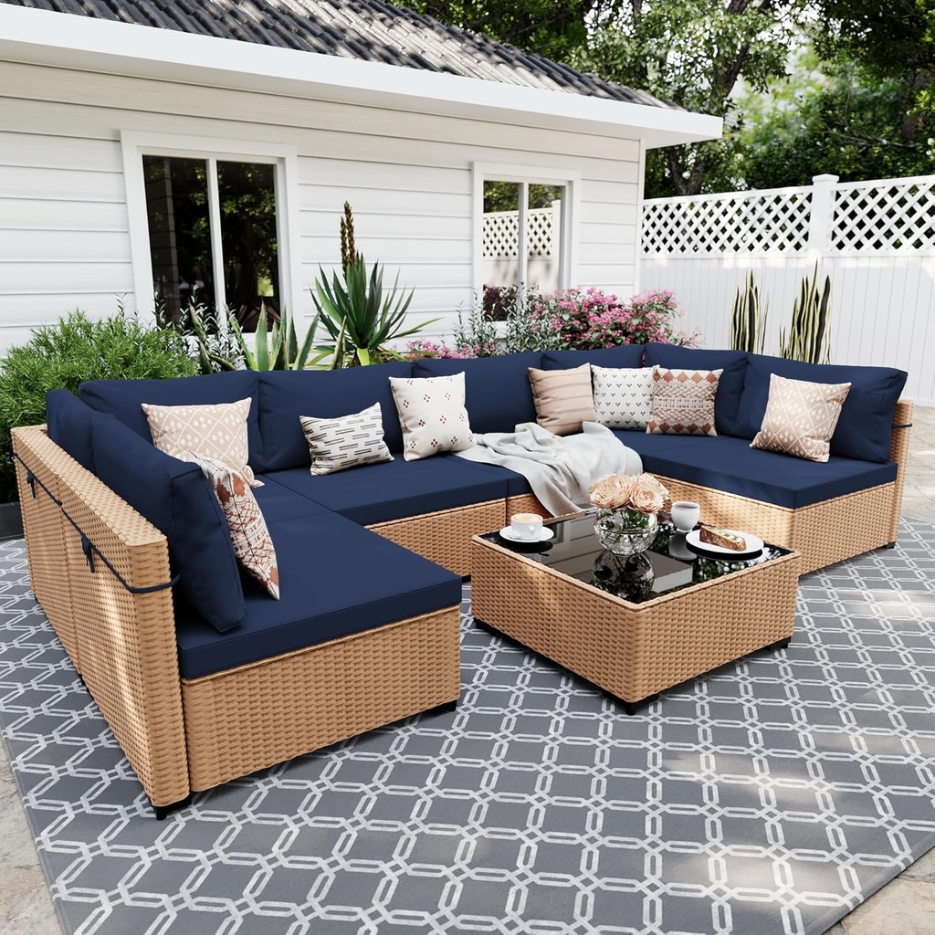 UPHA 7 Pieces Patio Furniture Sets Outdoor Sectional Sofa Wicker Conversation Couch for Decks, Backyards, Gardens, Yellow Rattan, Navyblue Cushion