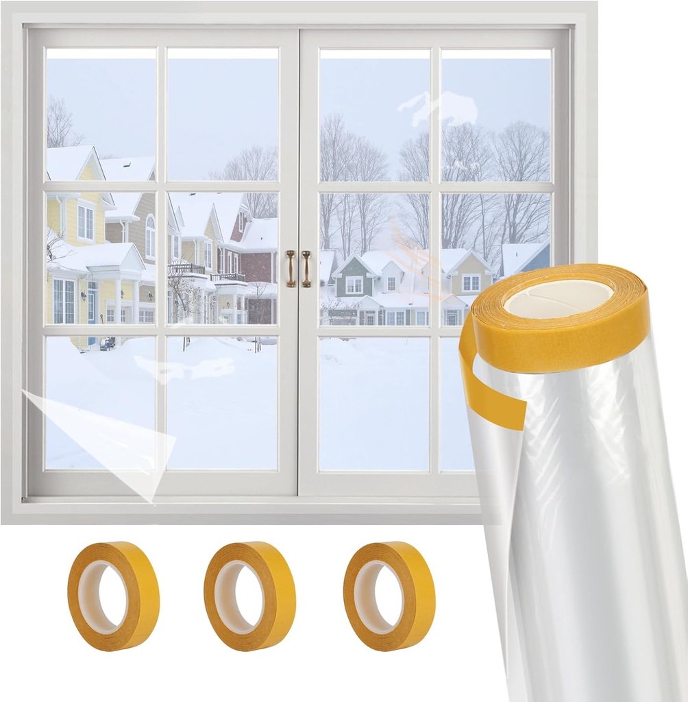 Window Insulation Kit, 63In x 33 Ft Window Plastic for Winterizing, Double-Sided Tape Window Insulation for Winter, Weather Sealing Plastic for 10-3'x5' Windows