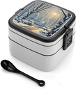 Adult Double-Layer Bento Box Winter Snow Scene Portable Lunch Box with Spoon And Invisible Handle Leakproof Microwave-Safe Food Container for Work Travel Camping