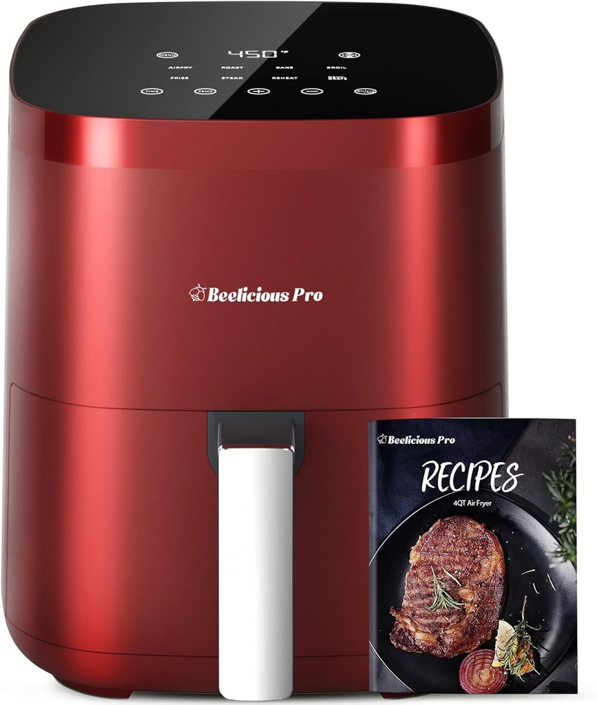 Air Fryer, Beelicious 8-in-1 Smart Compact 4QT Air Fryers, Shake Reminder,450°F Digital Airfryer with Flavor-Lock Tech,Tempered Glass Display, Dishwasher-Safe & Nonstick,Fit for 1-3 People, Red