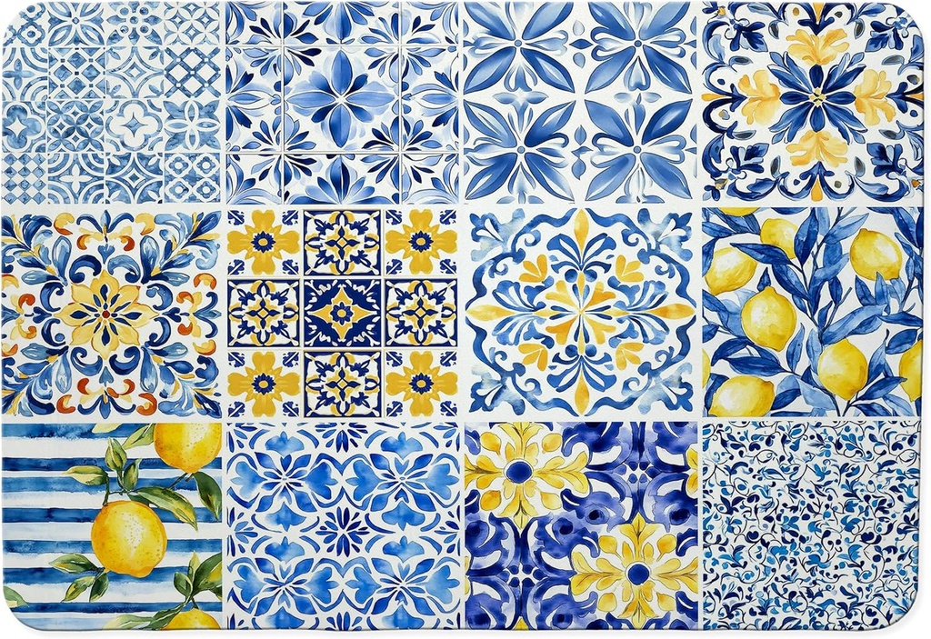 Mediterranean Tiles Dish Drying Mat, Blue White Italy Lemons Coffee Bar Mat for Countertops, Vintage Azulejo Absorbent Dish Drying Mats for Kitchen Counter Coffee Maker, 16x24 Inch