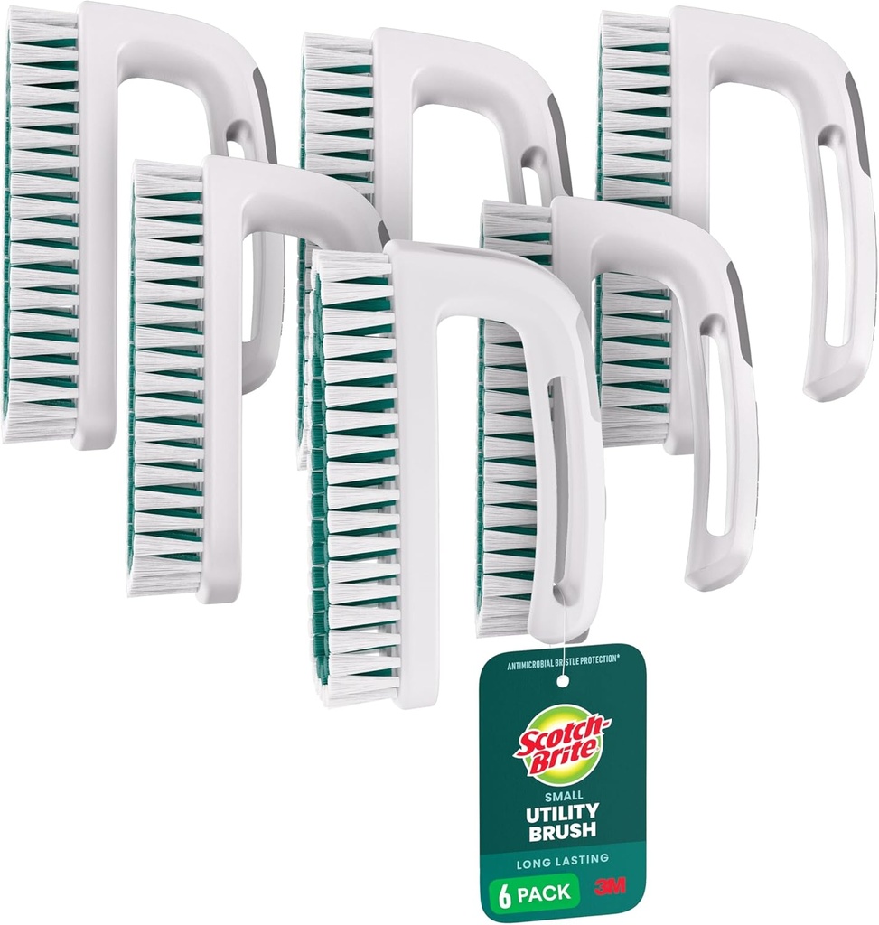 Scotch-Brite Small Utility Brush, Long Lasting Dish Brush with Handle for Scrubbing Cookware, Hands, Tile, Grout, Cutting Boards, and Utensils without Scratching, Antimicrobial, and Rinses Clean
