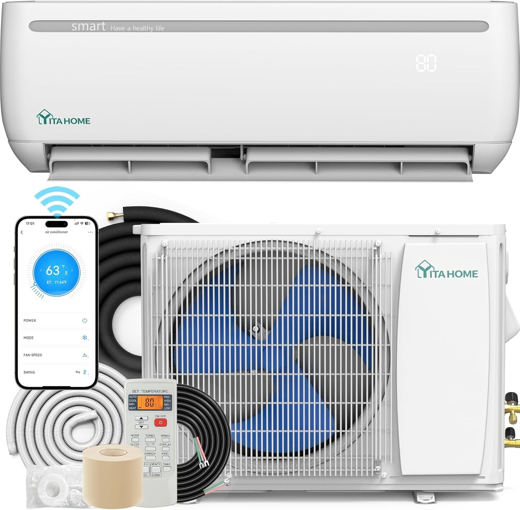 YITAHOME 9000 BTU Mini Split Air Conditioner Heat Pump System, 19 SEER2 115V Ductless Inverter System with Wi-Fi & Alexa Compatibility, Covers Up to 450 Sq. Ft, Complete Installation Kit Included