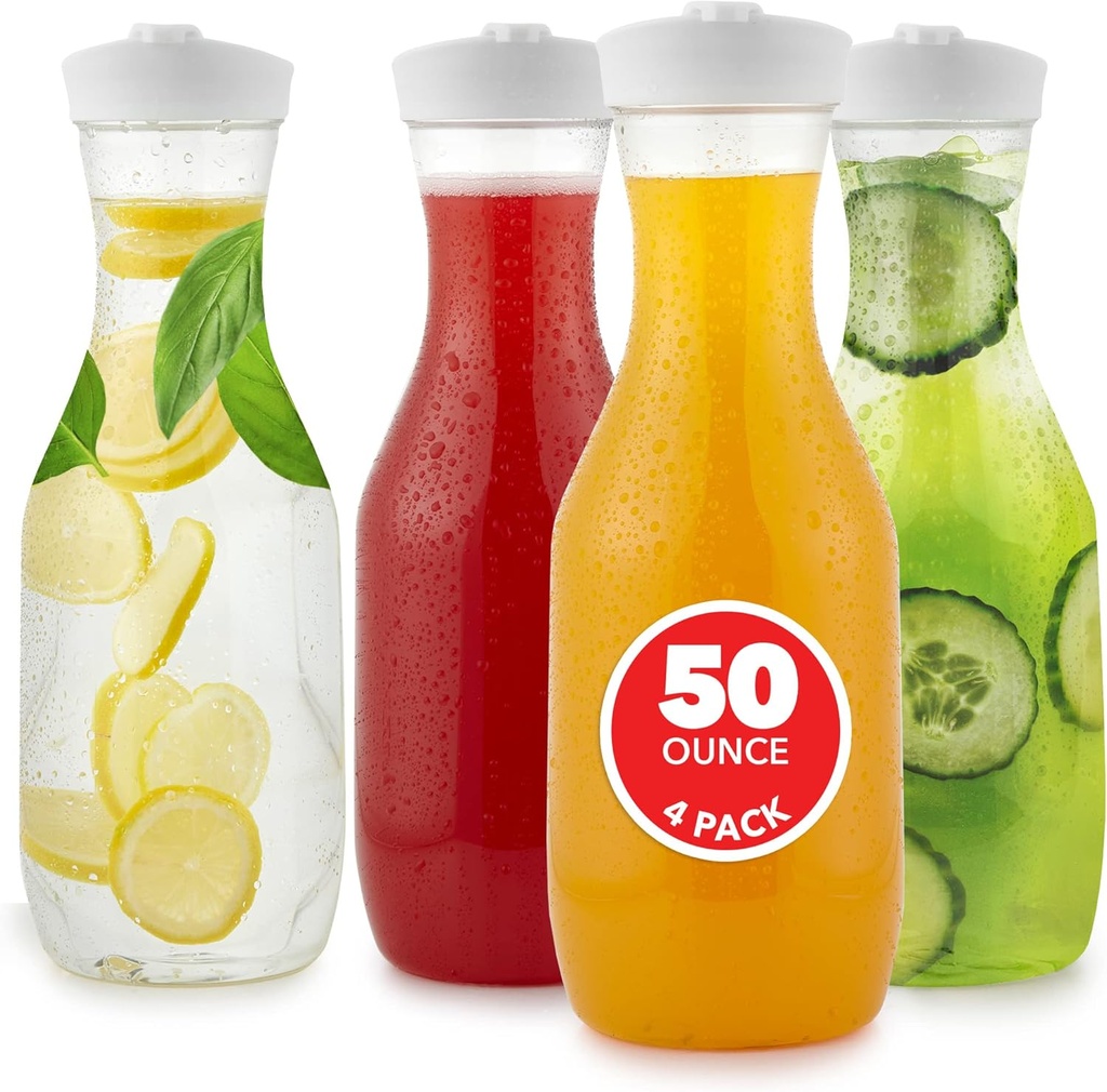 Plastic Juice Carafe with Lids (Set of 4) 50 oz Carafes for Mimosa Bar, Drink Pitcher with Lid, Water Bottle, Milk Container, Clear Beverage Containers for Fridge, Pantry Storage, Round Pitchers