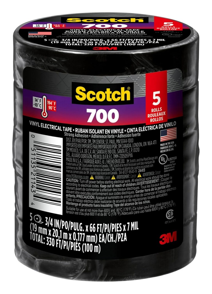Scotch Vinyl 700 Electrical Tape, 5 Rolls, Black, 3/4-in x 66-ft, Commercial Grade, Rated for Temperatures Up to 194-Degree, Highly Flexible, Stretchy and Conformable (24413-BA-6)