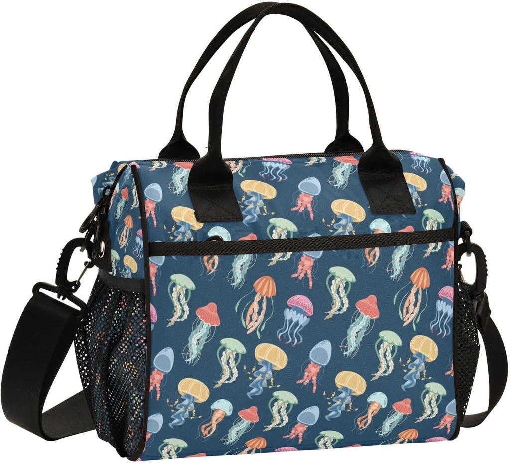Jellyfish Lunch Bag Reusable Lunch Box for Men Women Adults, Insulated Cooler Tote Bag Container with Adjustable Shoulder Strap for Travel Office Picnic Hiking Beach Small