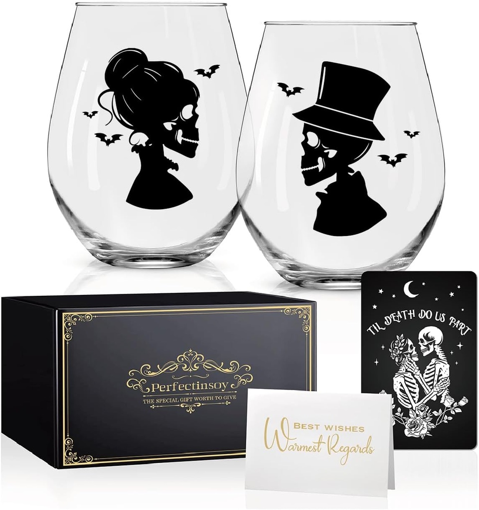 Perfectinsoy Skull Wine Glass 2 Piece with Gift Box, Till Death Skeleton Bride, Valentine's Day Halloween Anniversary Wedding Gifts for Couple Wife Husband, Couple Gifts for Boyfriend Girlfriend