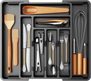 Pipishell Silverware Drawer Organizer, Expandable BPA-Free Kitchen Utensil Storage Tray for Forks, Spoons and Knives, Black Plastic Cutlery Holder