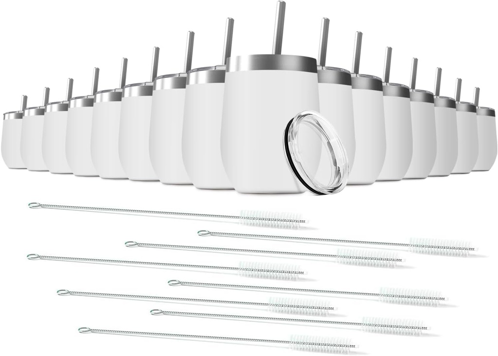 12oz Wine Tumbler with Lid With straw Stainless Steel Wine Tumbler Cups Double Wall Vacuum Insulated Travel Mugs Stemless Cup 16 Pack