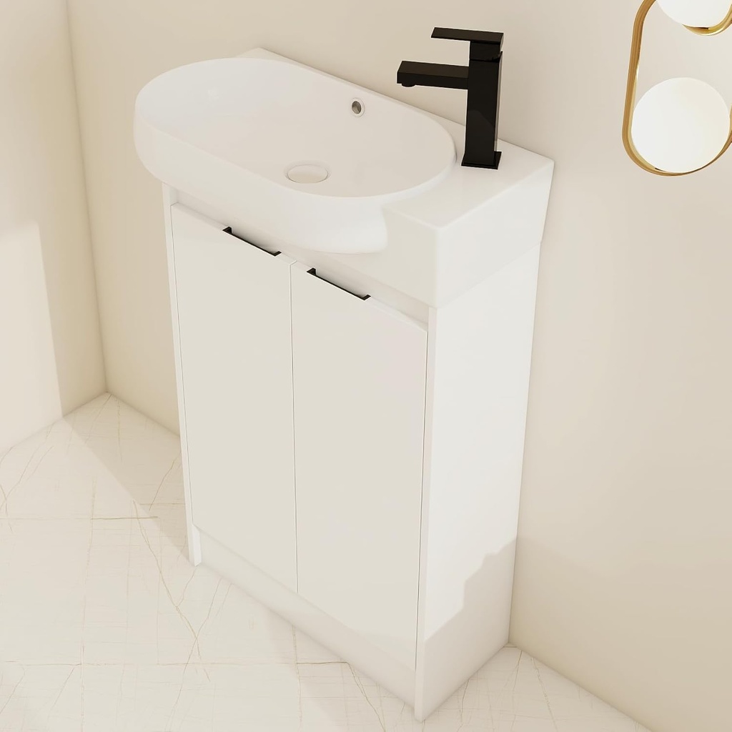 23 Inch Small Bathroom Vanity with Sink, 23'' Freestanding Bathroom Vanity Cabinet with Ceramic Basin, Soft Closing Doors, Adjustable Shelves, Modern Single Ceramic Sink Combo, White