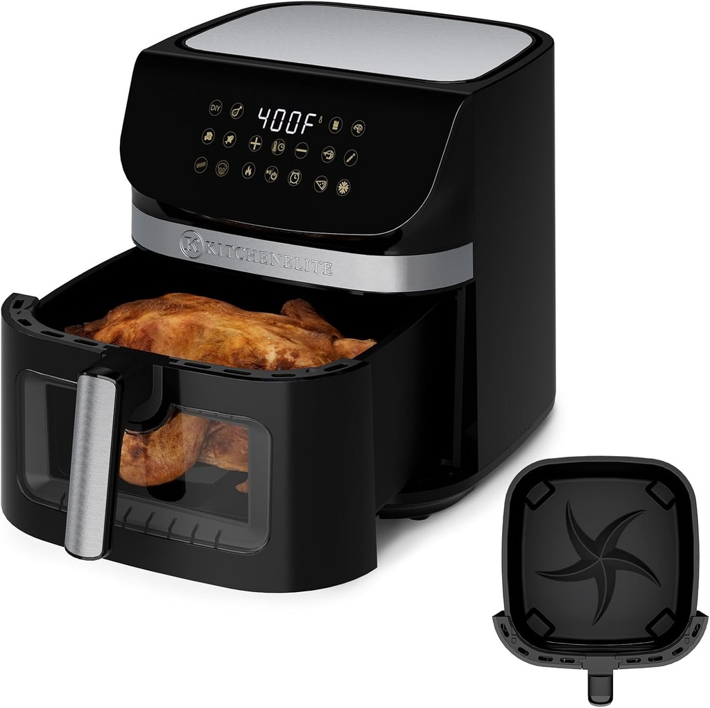 Kitchen Elite Air Fryer Oven with Stainless Steel, 9.5QT Large Airfryer, 9 1-Touch Cooking Presets, 400°F Temp, Large Window, Nonstick, Panel Tilt Friendly, Bake, Roast, Reheat, Dehydrate, 1700W