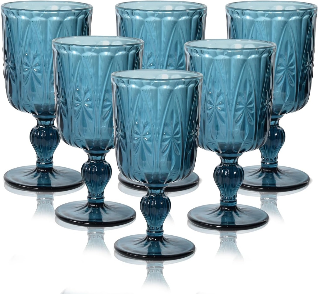 Vintage Wine Glasses Set of 6, 12 OZ Colored Glass Water Goblets, Embossed Floral Decorative Crystal Glass Cups Set, Dishwasher Safe, for Wedding, Party, Bars, Restaurants, Blue