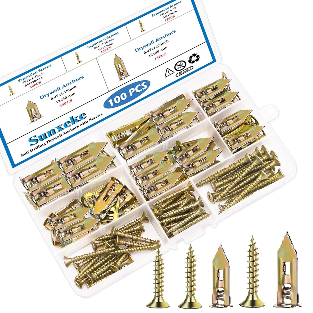 100 PCS Self Drilling Drywall Anchors with Screws Kit - 2 Sizes Sheetrock Anchors & 3 Sizes Zinc Expansion Screws,2025 Upgraded Zinc Plated Steel,No Drill Needed, Holds Up to 66LB on Walls