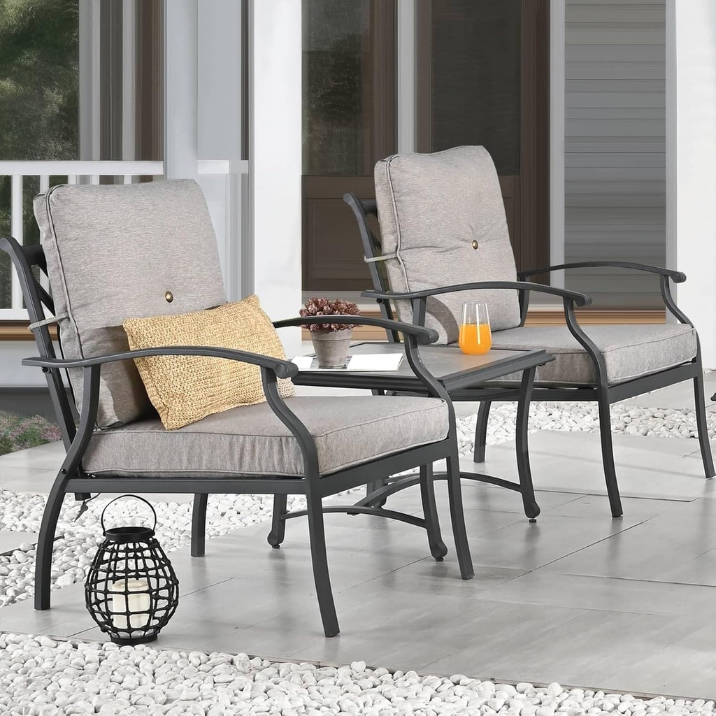 Patio Bistro Set 3 Pieces Metal Outdoor Furniture Sets Metal Patio Chairs with Side Table Grey Thick Cushions Galvanized Steel Frame
