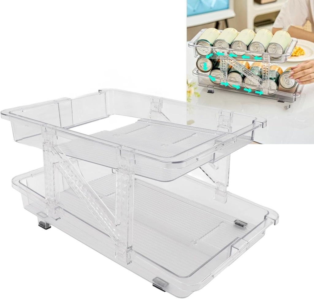 Topyond Soda Can Organizer, Rolling Can Dispenser for Refrigerator, Clear Expandable Beverage Holder, 2 Layer Automatic Rolling Drink Organizer for Fridge and Pantry