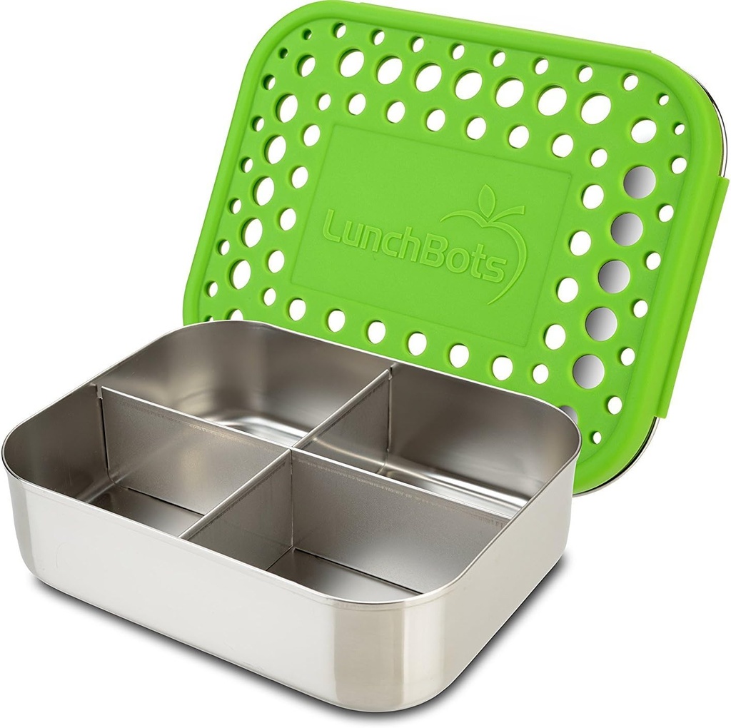 LunchBots Medium Quad Snack Container - Divided Stainless Steel Food Container - Four Sections for Finger Foods On the Go - Eco-Friendly, Dishwasher Safe - Stainless Lid - Green Dots