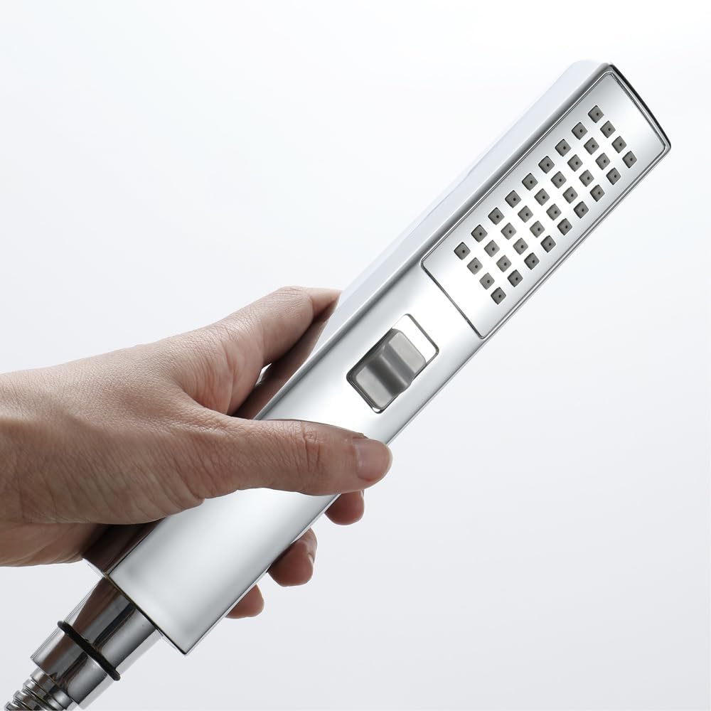 LUYU Square Handheld Shower Head - Dual Spray Modes (Rain Shower & Power Jet), Mirror Chrome Finish, AirBoost Water Saving Tech, Ergo Grip for Low Pressure Bathrooms, 5-Layer Filter (Head Only)