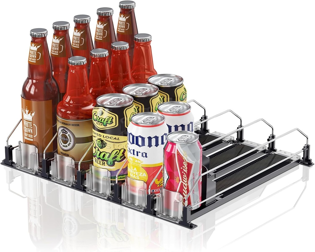 Drink Organizer for Fridge,12oz 16oz 20oz - Soda Can Dispenser for Refrigerator,Width Adjustable,Automatic Pusher Glide (Black, 15"D 5ROW, Holds 25 Cans)