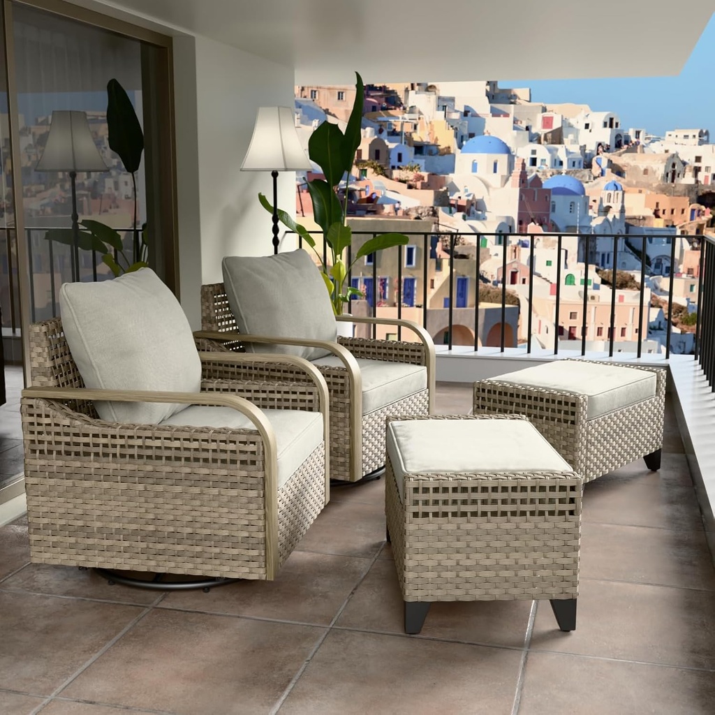 COOS BAY Modern Outdoor Swivel Rocker Chairs with 2 Ottomans, Wicker Glider Rocking Chairs with Cushions, Rattan Patio Seating, 4 Pieces, Brown/Gray