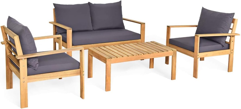 Tangkula Outdoor 4-Piece Acacia Wood Chat Set, 4 Seater Acacia Wood Conversation Sofa and Table Set with Waterproof Furniture Cover, Teak Finished (1, Grey)